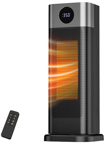 Sendowtek Indoor Space Heater with Remote, 1500W Portable 15.5 Tall Digital Thermostat 70° Oscillation, 12H Timer 3 Level Temp, Tip-over Protection Electric Fan Heater for Home Office Desk Bedroom