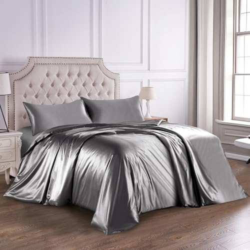 Since Silk Maulbeerseiden Bettbezugsset - Grau, 155x220cm Bettbezug (25Momme) mit 2 Pcs 40x80cm Kissenbezüge (22Momme), Reißverschluss für Bettbezug & Umschlag für Kissenbezüge