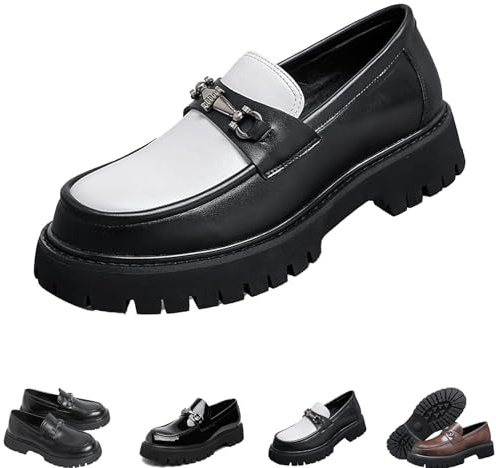 Mocasines de Plataforma de Charol for Hombre, cómodos Zapatos de Vestir sin Cordones con Suela Antideslizante y Punta Redonda.(Black White,42 EU)