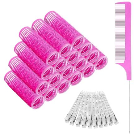 18 Pcs Self Grip Hair Rollers with Small Comb and 10 Pcs Clips, Heatless Curler, Gripping Sticky Rollers Hairdressing Curlers Tools For Short & Long Hair Salon DIY