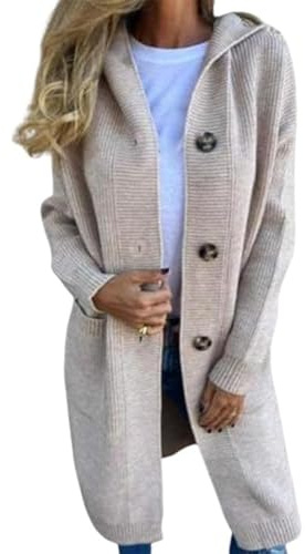 Cardigan à capuche en tricot pour femme, coupe ample, simple boutonnage, manteau long, convient pour le shopping, la maison et les sorties décontractées, gris clair, M