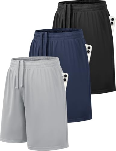 GetGigt 3 Pack Boys Shorts Kids Youth School PE Football Basketball Sports Shorts Quick Dry with Elastic Waist Pockets (M,Black, Navy, Light Grey)
