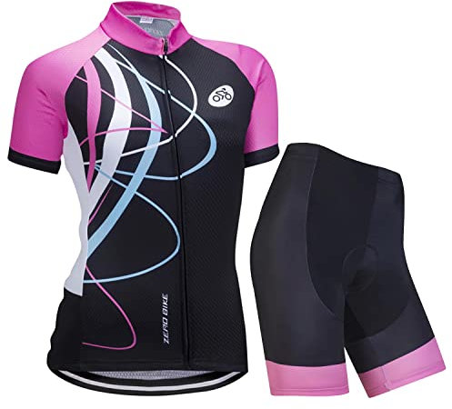 Femmes Vélo Cyclisme Respirant à séchage Rapide Maillots Set, Jersey Cycle Manches Courtes Veste + 3D Coussin Rembourré Serré Shorts Pantalon, M, Rose au Galop
