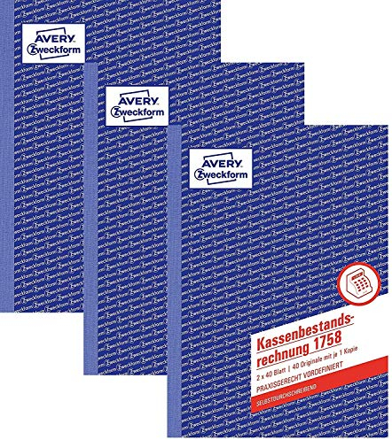 Avery Zweckform 1758 Kassenbestandsrechnung (A5, selbstdurchschreibend, 2x40 Blatt) weiß/gelb (3 Stück, Kassenbestandsrechnung SD | A5)