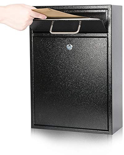 KYODOLED Steel Key Lock Mail Boxes Outdoor, Locking Wall Mount Mailbox, Security Lock Drop Box, Collection Boxes for Home, Office or Commercial,16.2H x 11.2L x 4.6W Inches, Black X Large