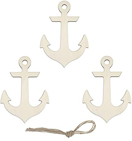 Madera colgante con forma de ancla de madera sin terminar con cordeles, adorno para manualidades, decoración de fiesta temática, 7.9 pulgadas, paquete de 3