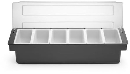 HENDI ingrediensbehållare, svart ABS-plast med transparent polykarbonatlock, med 6 vita polypropylen-plastinsatser, 480 x 150 (H) 100 mm