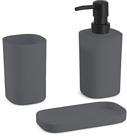 MSV Bad Accessoires 3-teilig - Seifenspender, Seifenschale, Zahnputzbecher Lona Anthrazit matt