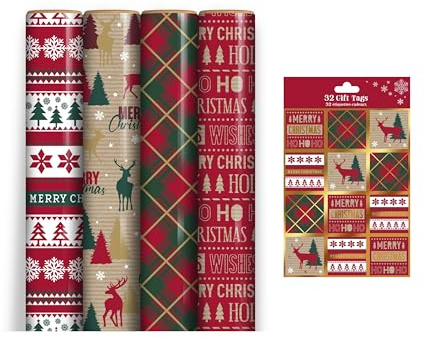 4 x 7M Rolls Of Christmas Wrapping Paper - Tartan Kraft Designs - Festive Wrap - Red Scrips, Kraft Effect Reindeer, Festive Scandi, Red Green Tartan - Complete With 32 Matching Tags