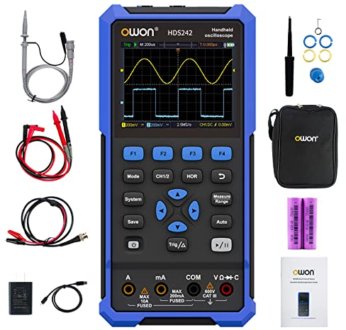 OWON HDS242 Osciloscopio 2 en 1.40 MHz Ancho de banda USB Tipo-C con pantalla LCD de 3.5 pulgadas, Multímetro digital de 20000 cuentas, Osciloscopio digital de 2 canales