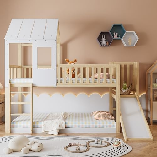 Moimhear Letto a castello con scala ad angolo retto e scivolo, letto con tetto e finestra, lettino con protezione anticaduta e griglia, telaio in pino, naturale+bianco (90 x 200 cm), 30357879NAA