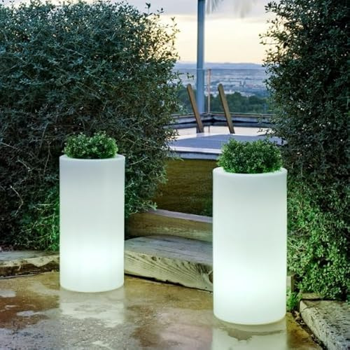 Macetero Luminoso Redondo Maceta 80 cm con Luz LED RGB, Cable o batería (Batería Color luz RGB)