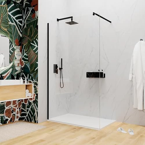 Parete doccia Walk In 100 cm Vetro Temperato Trasparente 8mm Anticalcare Alluminio Nero Opaco Braccio Telescopico