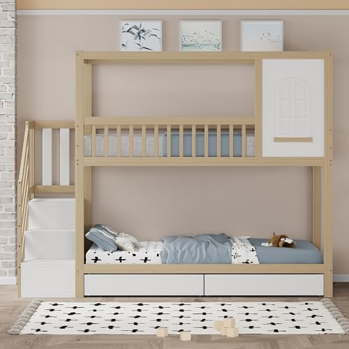 Letto a castello per bambini, 90 x 200 cm, in legno massello, letto matrimoniale a forma di casa con finestre con recinzione di sicurezza, con cassetti e scala di sicurezza per bambini e ragazze
