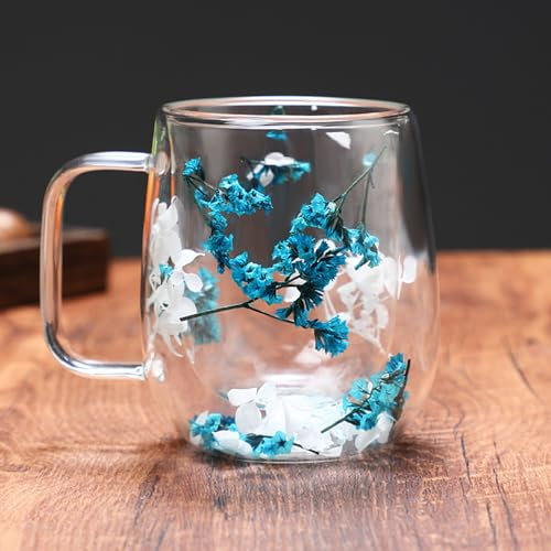 Richaa torkade blommor dubbelväggiga glas med handtag 250 ml latte macchiato glas cappuccino koppar kaffemugg originella gåvor kaffeglas