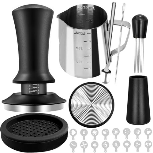 HahaGo Set di 22 Tamper per caffè da 53 mm, per Espresso Espresso da 53 mm, con ago, Cucchiaio da mescolare, brocca per schiumare, Penna e Stencil Decorativi, Accessori per Espresso