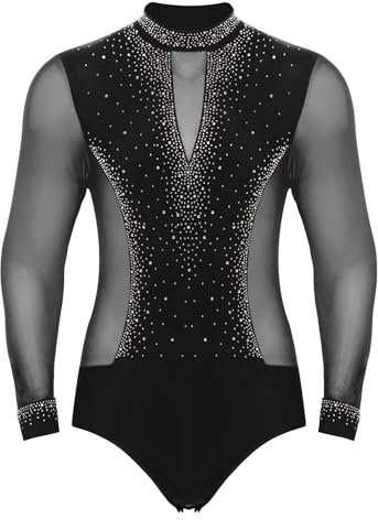 Aislor Herren Latein Tanzbody Tango Rumba Hemd Bodysuit Jumpsuit mit Knöpfen Im Schritt Turnier Trikot Glitzer Tanz Kostüm Schwarz L