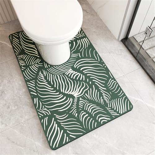 Treer WC-Vorleger U-förmig Badematte Teppich, Kieselgur Badteppiche für Badezimmer Toilette Saugfähig Schnelltrocknend rutschfest Weich WC Teppich mit Ausschnitt -Minimalismus (Grünes Blatt,55x50cm)