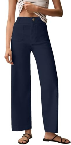 Pantalon coupe droite pour femme taille haute en coton extensible décontracté avec poches avant, bleu marine, XL