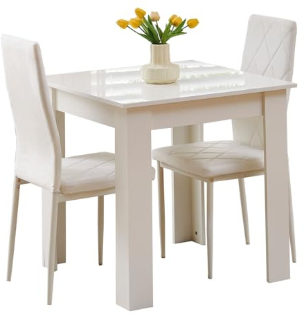 Rainbow Tree Modern 3 Piece Dining Room Table and Chairs Set, Wooden Square Table with 2 Chairs for Small Space Apartment Space Saving (White Table+2 White Argyle Velvet Chair)