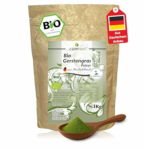 Superkost BIO Gerstengras Pulver oder Kapseln Biologisch angebaut in Bayern, Deutschland, mit Laborprüfsiegel, Rohkostqualität 1Kg