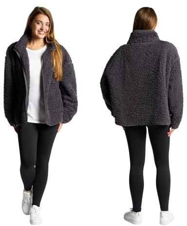 OHS Full Zip Up Teddy Fleece Jacket Mens, Super Soft Cosy Full Zip Up Sweatshirt Long Sleeve Winter Casualwear Coat Charcoal Grey Jackets for Travel & Hiking, Small