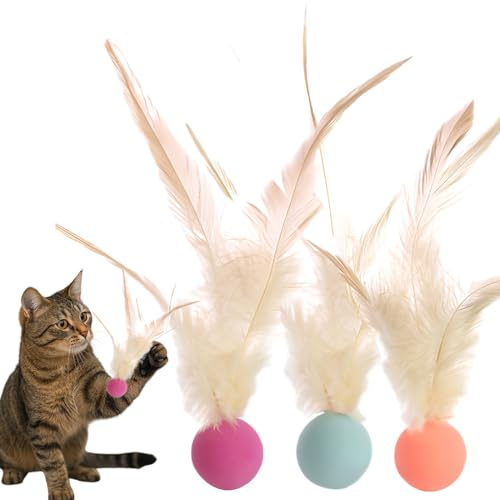 Lot de 3 Balle Chat, Balle pour Chat, Balle Rebondissante Chat, Interactives en Plumes pour Chats D'intérieur, Jouet pour Chat D'intérieur, Jouet pour Chat Adulte