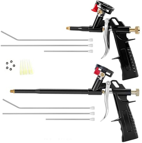 2 pieces professional foam spray guns+6 stainless steel nozzles,PU Insulating Applicator Heavy Duty Metal Body Dispensing Foam Gun Suitable for Caulking, Filling, Sealing（1 long1 short 6nozzles）