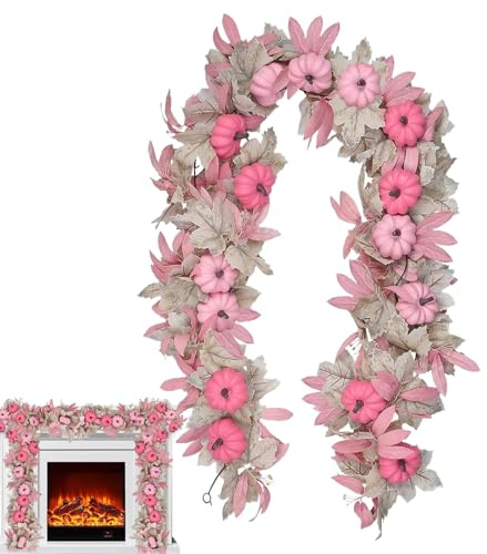 Guirnalda de 1,7 m de imitación de otoño, de arce rosa, para puerta de entrada, decoración realista para casa, Halloween, interiores, granja, exterior, fiesta