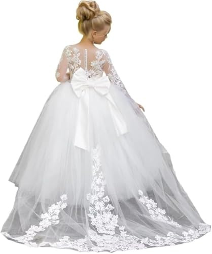 LECOYOYO Vestido de princesa para niña, vestido de primera comunión con encaje, vestido de flores para niña, vestido de manga larga para bodas de niños, beige, 12 años