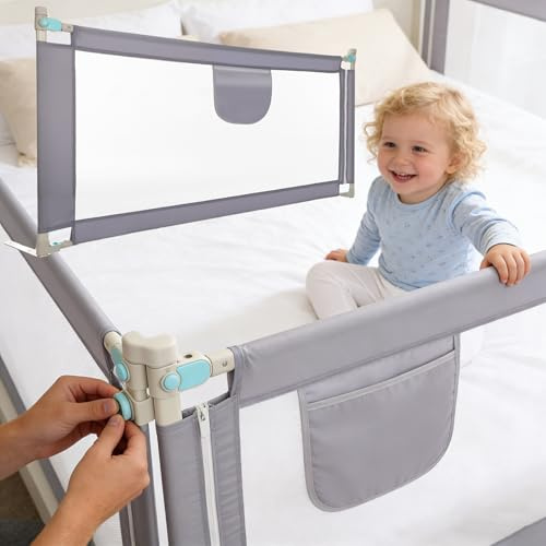 Oyajia Rausfallschutz – Bettschutzgitter 150/180/200 cm Dunkelgrau – Bettgitter höhenverstellbar 69-98 cm – Bettumrandung inkl. Seitentasche Schutzgitter Boxspringbett
