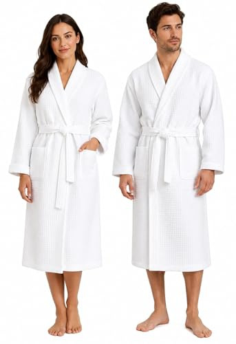 Adore Home Unisex Waffle Bathrobe Cotton Rich Dressing Gown | Soft And Absorbent Spa Robe Comfort With Deep Pockets, Secure Tie Belt And A Lightweight Feel For Relaxing After Bathing