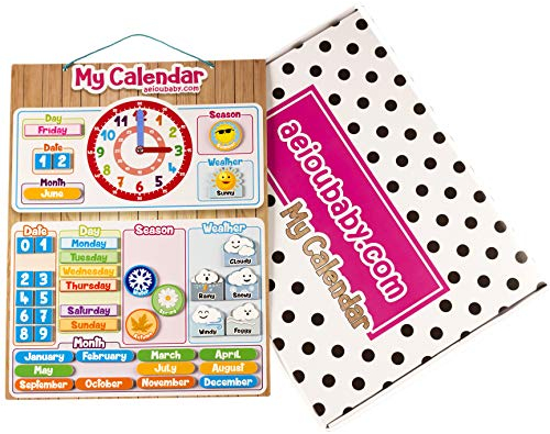 aeioubaby.com Calendario Reloj Magnético Infantil, Juego Educativo Fecha Tiempo y Hora para Pared o Frigorífico, 43x32cm. Caja Cumpleaños de niños en Colegio o Guardería (Inglés)