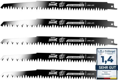 BAURIX® Sierra sable para madera - SHARK® [5 piezas] - 240 mm - 5 TPI - Hojas sierra sable para cortes rápidos y limpios - Sierra de Sable madera en bruto, madera húmeda, leña, madera viva