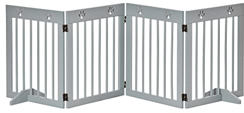 PawHut Freestanding Pet Gate 4 Panel Wooden Dog Barrier Folding Safety Fence with Support Feet up to 204cm Long 61cm Tall for Doorway Stairs Light Grey