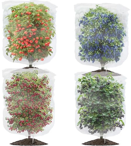 Evoio Fruit Tree Protective Bag - 4 Pcs Blueberry Bush Netting Cover with Drawstring, 105 x 70cm Plant Barrier Bags for Strawberry and Blueberry Protection