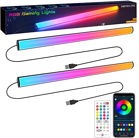 SHINELINE Luci Led da Gioco RGB, Striscia Luminosa a LED con Telecomando e Controllo App, Led Gaming a Luminosità Regolabile e Velocità Sotto il Monitor, Lampada RGB LED USB per PC, Gioco (2 pezzi)