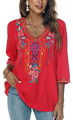 Seasonal Bohemian Embroidery Mexican Tops Women's Summer Boho Shirts Hippie Peasant 3/4 Sleeve V Neck Blouses Tunic (328-Red, 2XL)