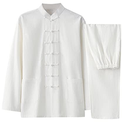 QPZK Baumwolle Leinen Tai Chi Uniform Kung Fu Anzug Chinesisch Traditionelle Kleidung Tang Anzug Herren Kampfkunst Jacke Atmungsaktiv Langarm Mantel Tops Zen Meditation Uniform, weiß, L/XL