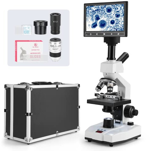 Vabiooth Constant Temperature Lab Monocular Compound Microscope 40X-2500X Magnification with 7 LCD Screen 5MP E-Eyepiece, Adjustable Thermostat Mechanical Stage for Husbandry, Pet Hospitals,Farms