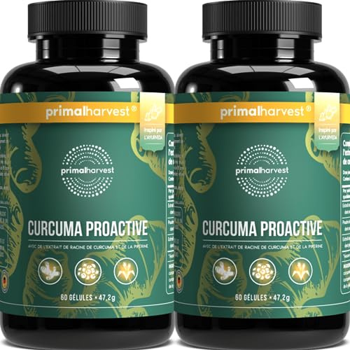 Primal Harvest® Curcuma Proactiv - 120 capsules de curcuma - Extrait de curcuma - Poudre de curcuma bio avec BioPerine - Capsules de curcuma - 95% curcumioïdes - Testé en laboratoire