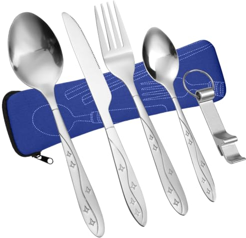 Vicloon Set di Posate con Custodia Portatile, 5 Pezzi in Acciaio Inossidabile con Apribottiglie, da Viaggio Coltello Forchetta Cucchiaio per Campeggio (Blu Navy)