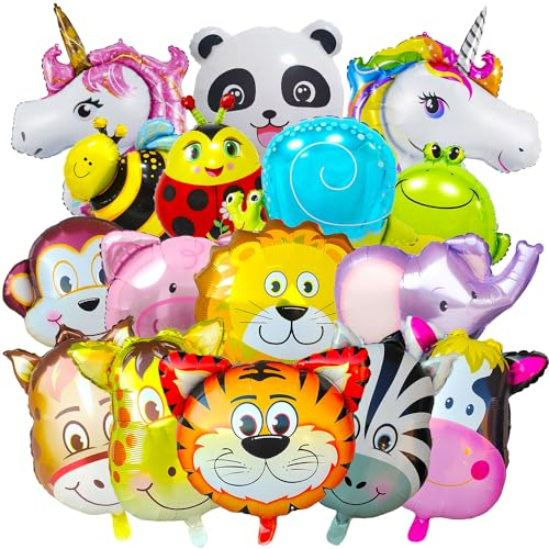 16 Stück Folienballon Tiere,Safari Luftballons Tiere,Ballon Zoo,Dschungel Geburtstag Dekoration,Tierkopf Folienballons,Waldtiere Geburtstag,Perfekt Für Dschungelparty Dekoration Kindergeburtstage