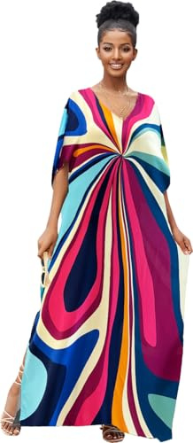 RanRui Floral Print Kaftan Dresses for Women Ethnic Boho Print swim cover up Batwing Sleeve Vneck Caftans (O7)