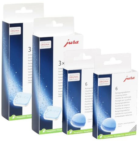 Reinigungs/Pflege-Set für Jura Vollautomaten, 2 x 3er Jura Entkalkungstabletten + 2 x 6 Jura Reinigungstabletten