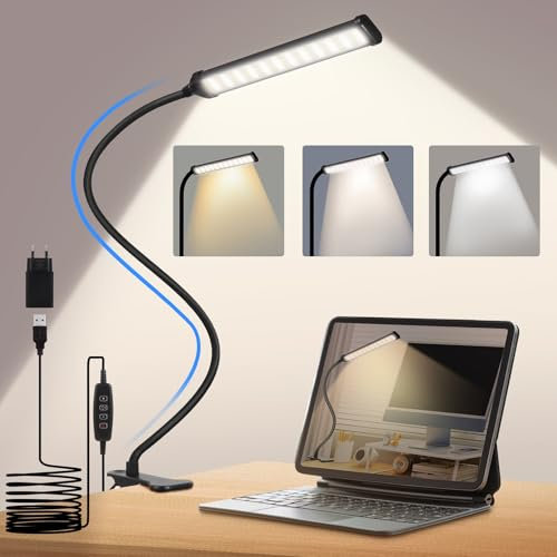 VIIVUU Lampada con Pinza, Luce con Pinza USB, 3 Colore e 10 Luminosità-70CM lampada da lettura, Lampade da Scrivania 6W 72 LED Lampade da Letto per Lavoro, Letto [Classe di efficienza energetica E]