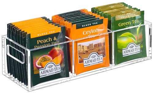 BEYGORM Tea Bag Organizer, Clear Acrylic Teabag Holder and Tea Caddy, Small Tea Packet Storage Box for Drawer, Cabinet, Pantry, Kitchen Countertop, Tea Storage Accessories