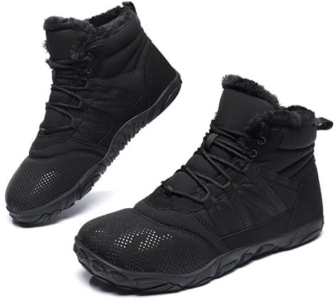 Barfußschuhe Winterstiefel Damen Herren Winter Warm Gefüttert Winterschuhe Schneestiefel Outdoor Barfuss Schuhe Männer Traillaufschuhe Leicht rutschfest Fitnessschuhe Wanderschuhe Unisex Schwarz EU45