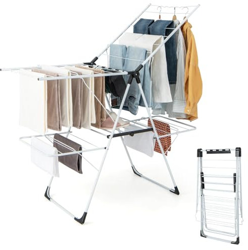 RELAX4LIFE Stendibiancheria Salvaspazio a 2 Livelli con Ali Pieghevoli in Metallico, Altezza Regolabile, Stabile, Stendino Portatile per Calzini Lenzuola Vestiti, Senza Assemblaggio, 145 x 58 x 95cm