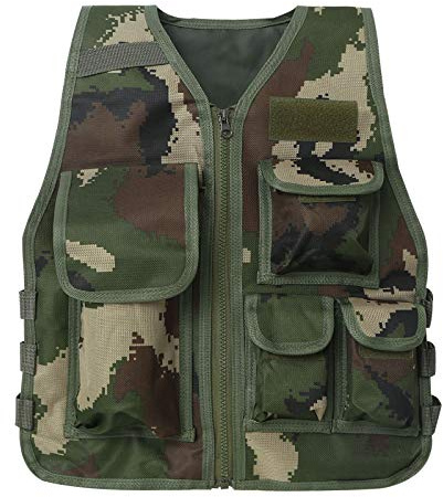 Gilet da Pesca per Bambino Ragazzo Ragazza Gilet Fotografo Multitasche Camouflage Giacca Senza Maniche Cappotto Regolabile Giochi Esterni Caccia di Combattimento Campeggio, Verde militare, 8-14 ans